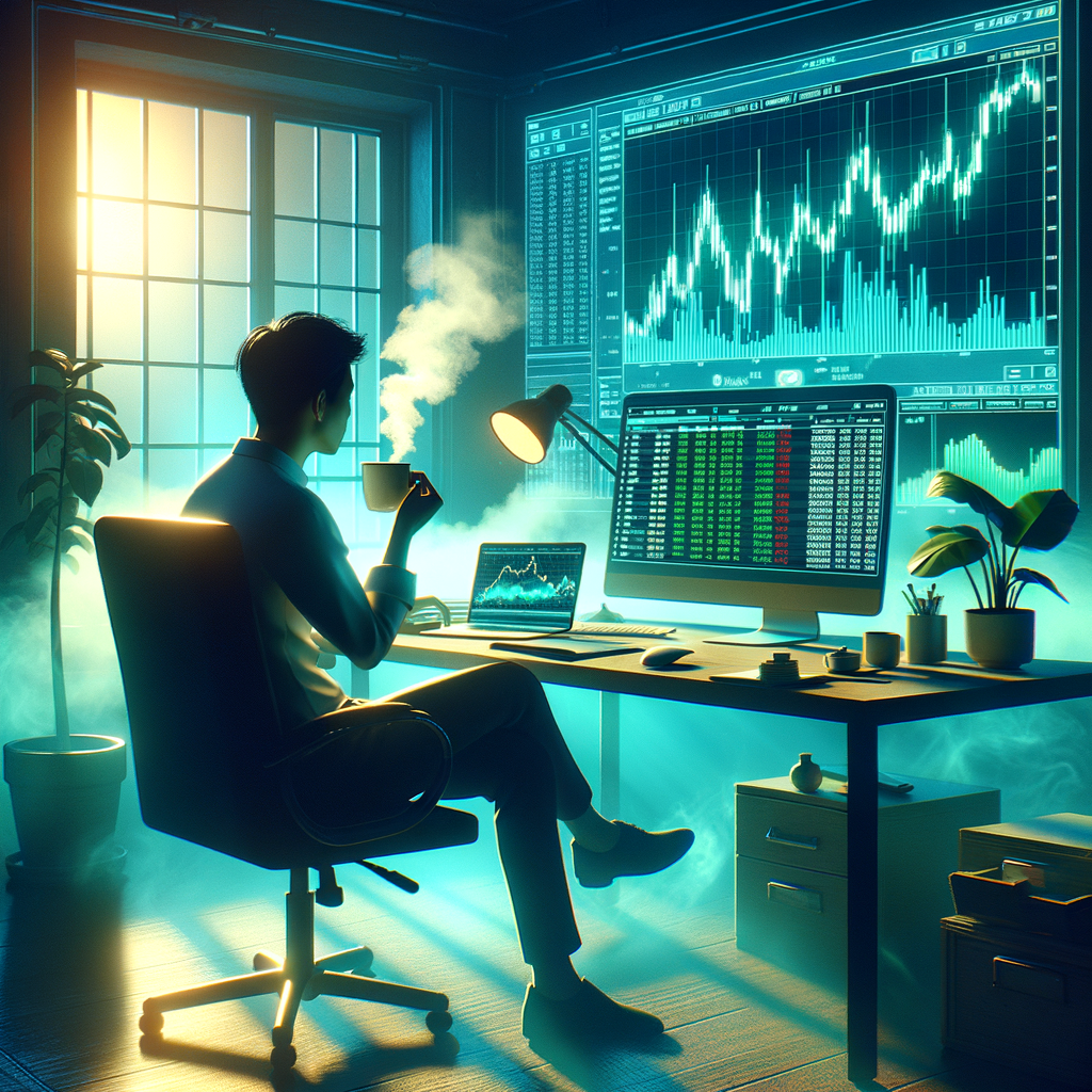 a steaming hot cup of coffee on the desk of SmokeStream as he is doing his morning routine checking the Trading charts and seeing big green candles of profit