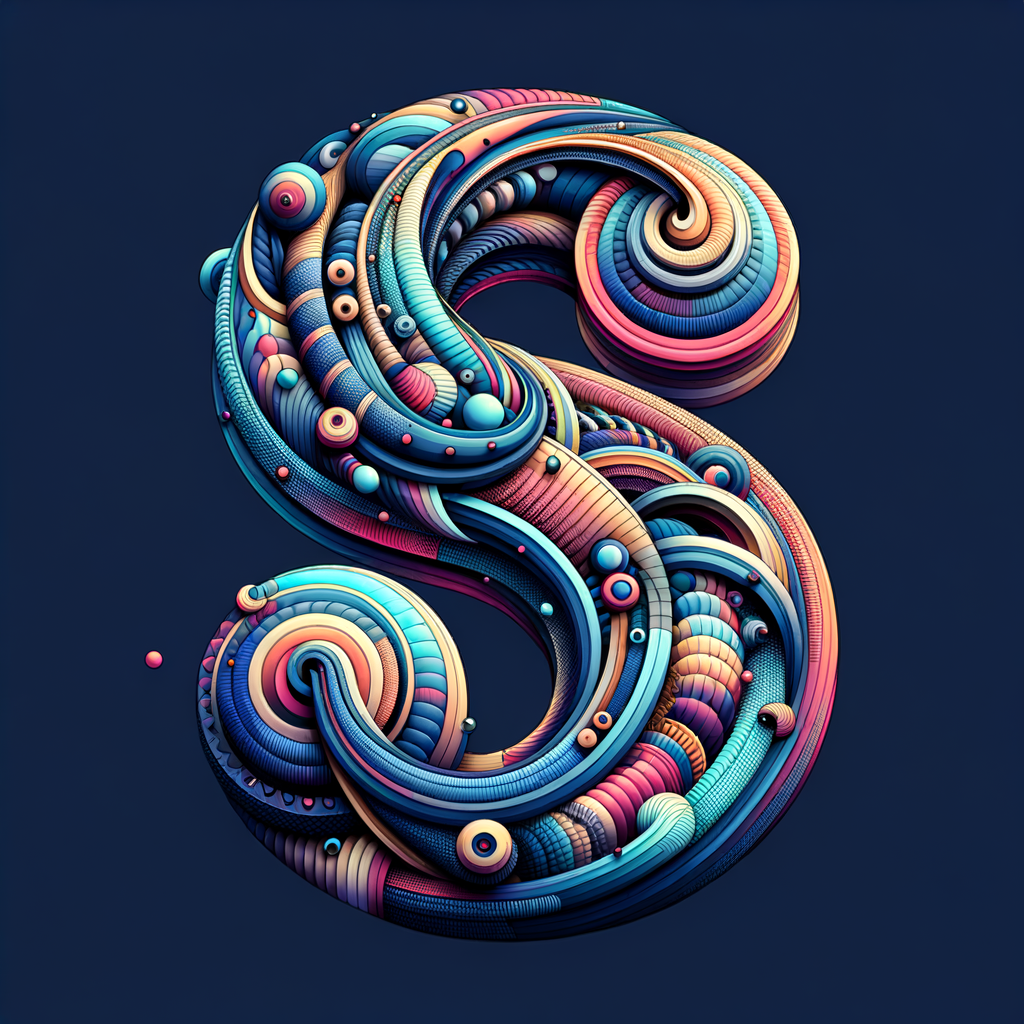 Maximalist graphic art logo rich in colors, textures, patterns, 3D design, S, J, Gradient color.